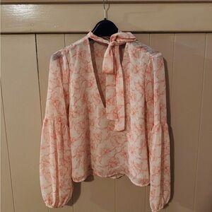 Lush Pink Floral Blouse with Tie Neck